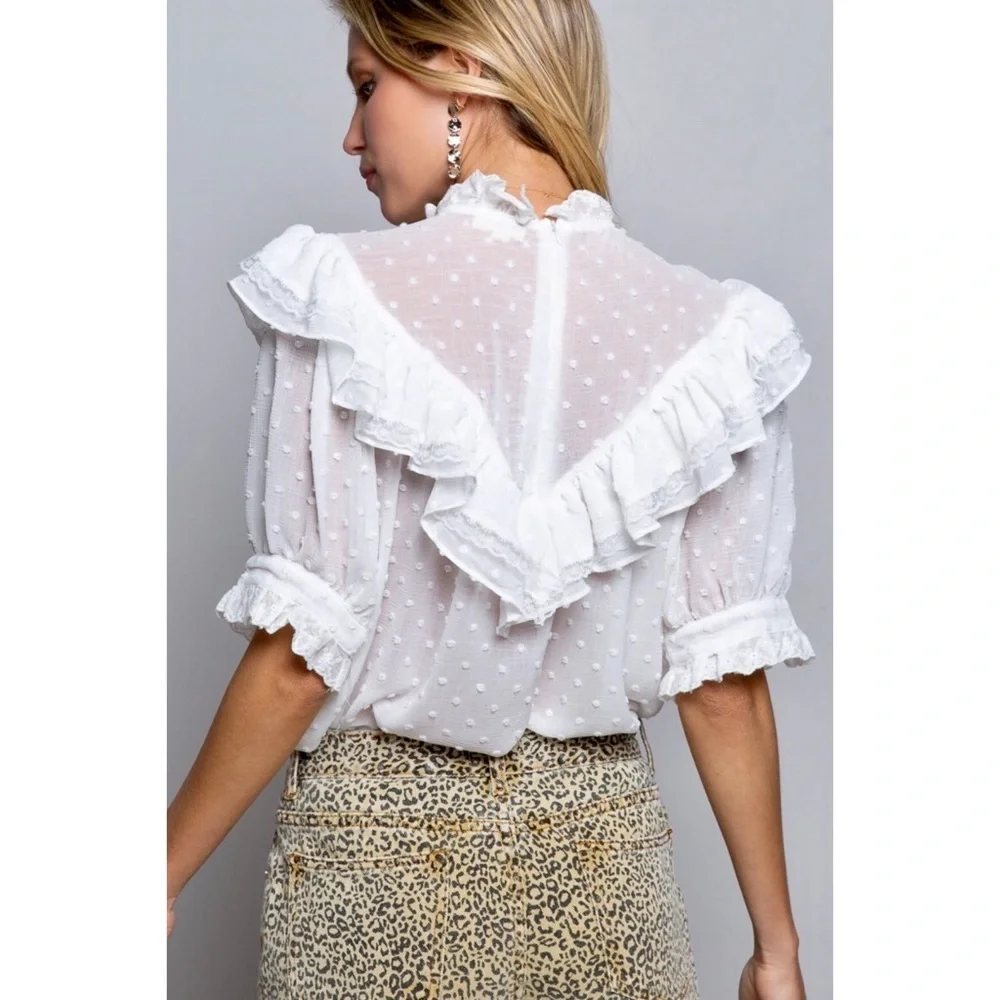 POL Swiss Dot Ruffle Mock Neck Blouse Half Sleeves Relaxed Fit - Picture 10 of 11